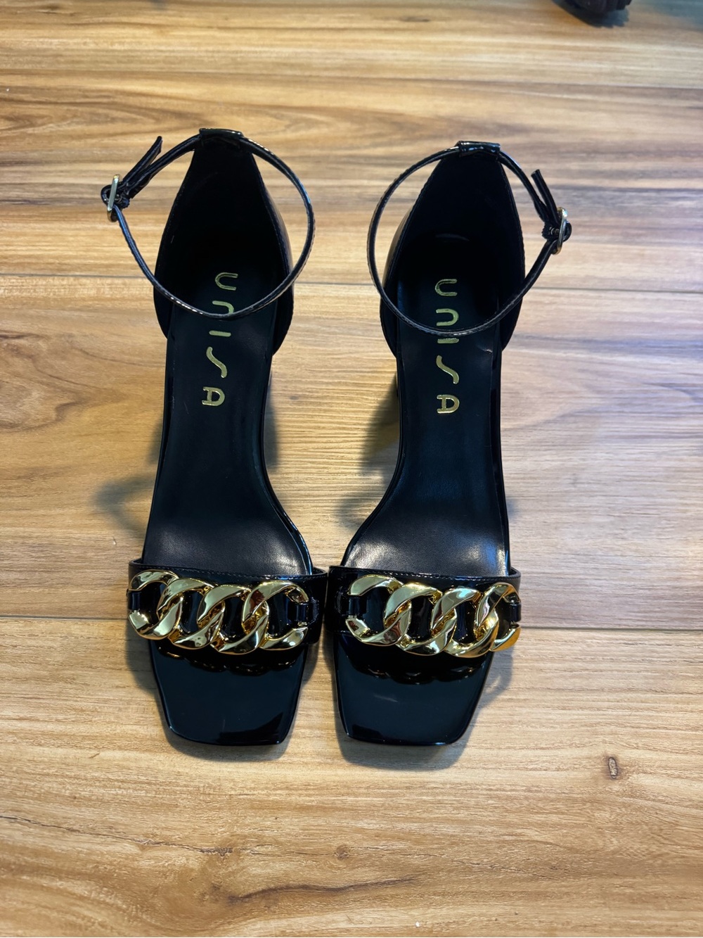 Unisa Black Patent Heeled Sandals with Gold Chain